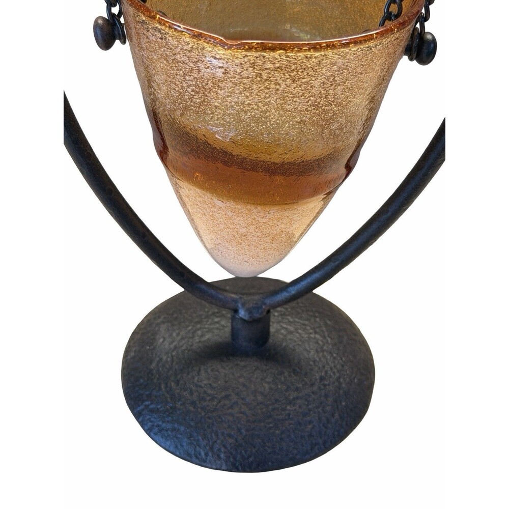Vintage Amici Hand Blown Amber Bubble Glass Cone Vase Hanging Wrought Iron Stand - Picture 4 of 12